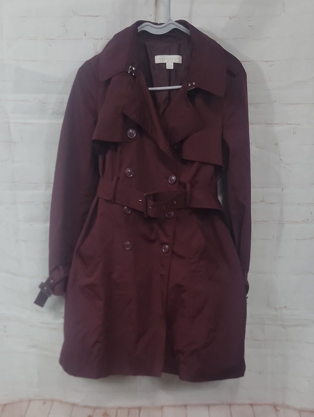 New York & Company Double-Breasted Belted Trench Coat - Burgundy